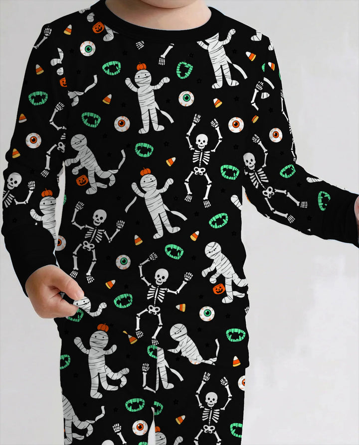 Glow In The Dark Spooky Mummy Skeleton Mix Bamboo Two Piece Long Sleeve Pajama Set