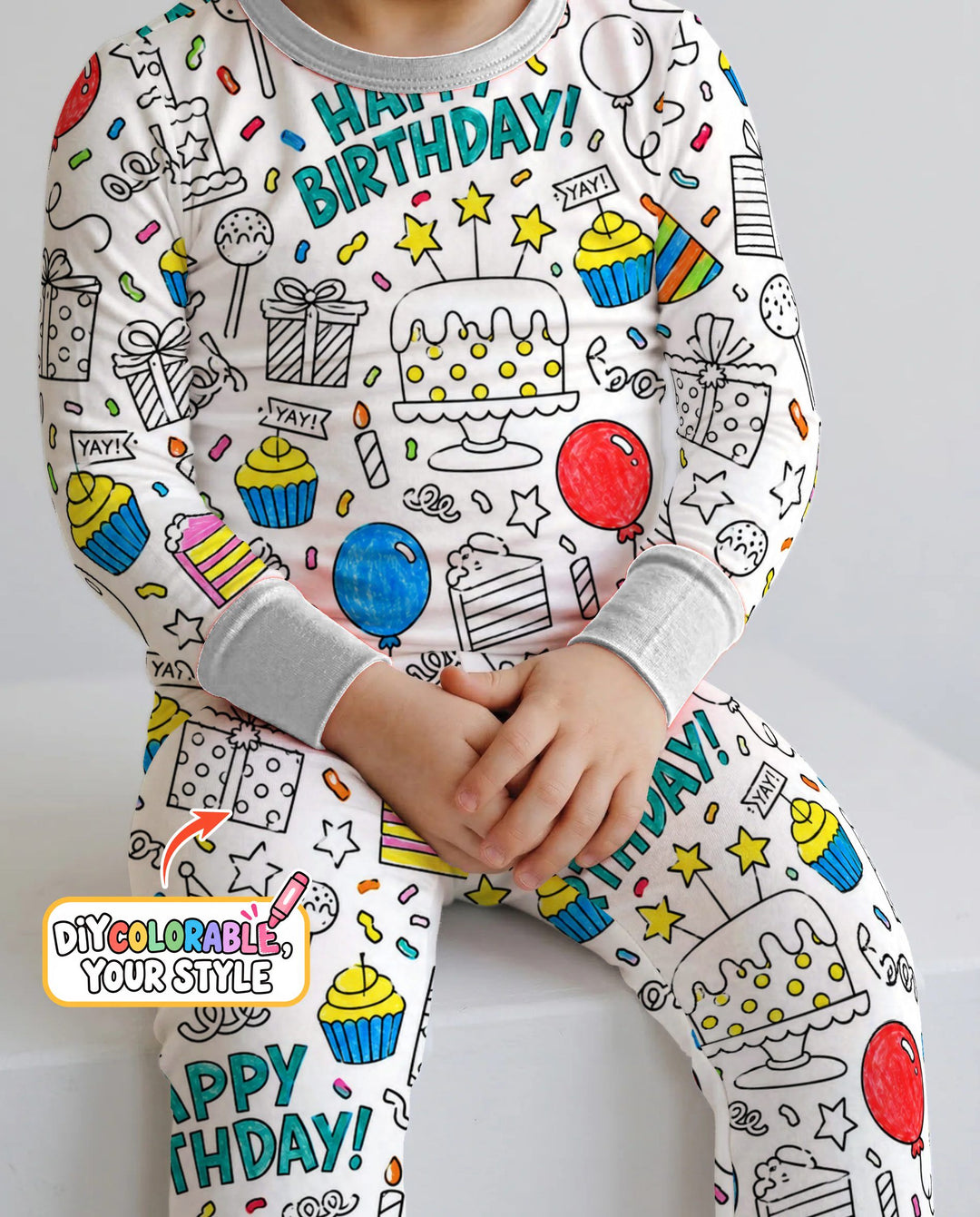 Happy Birthday Celebration Doodles Colorable Bamboo Two Piece Long Sleeve Pajama Set