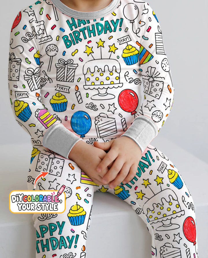 Happy Birthday Celebration Doodles Colorable Bamboo Two Piece Long Sleeve Pajama Set