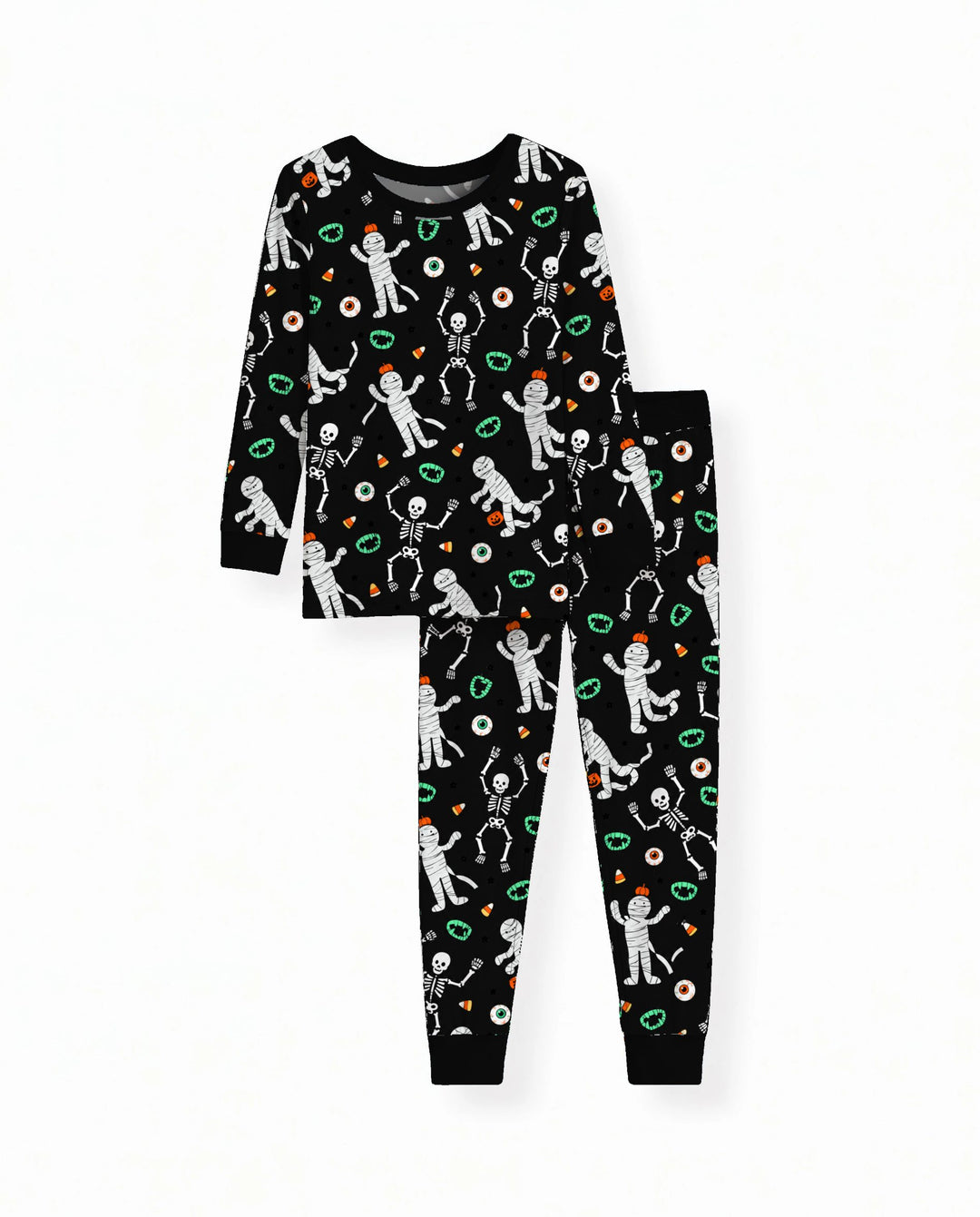 Glow In The Dark Spooky Mummy Skeleton Mix Bamboo Two Piece Long Sleeve Pajama Set