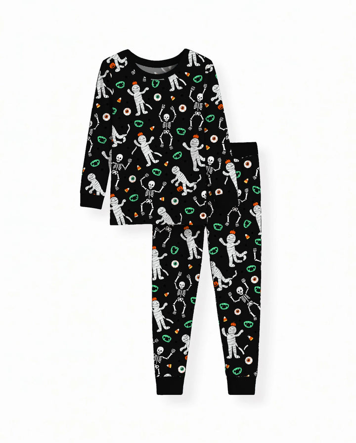 Glow In The Dark Spooky Mummy Skeleton Mix Bamboo Two Piece Long Sleeve Pajama Set