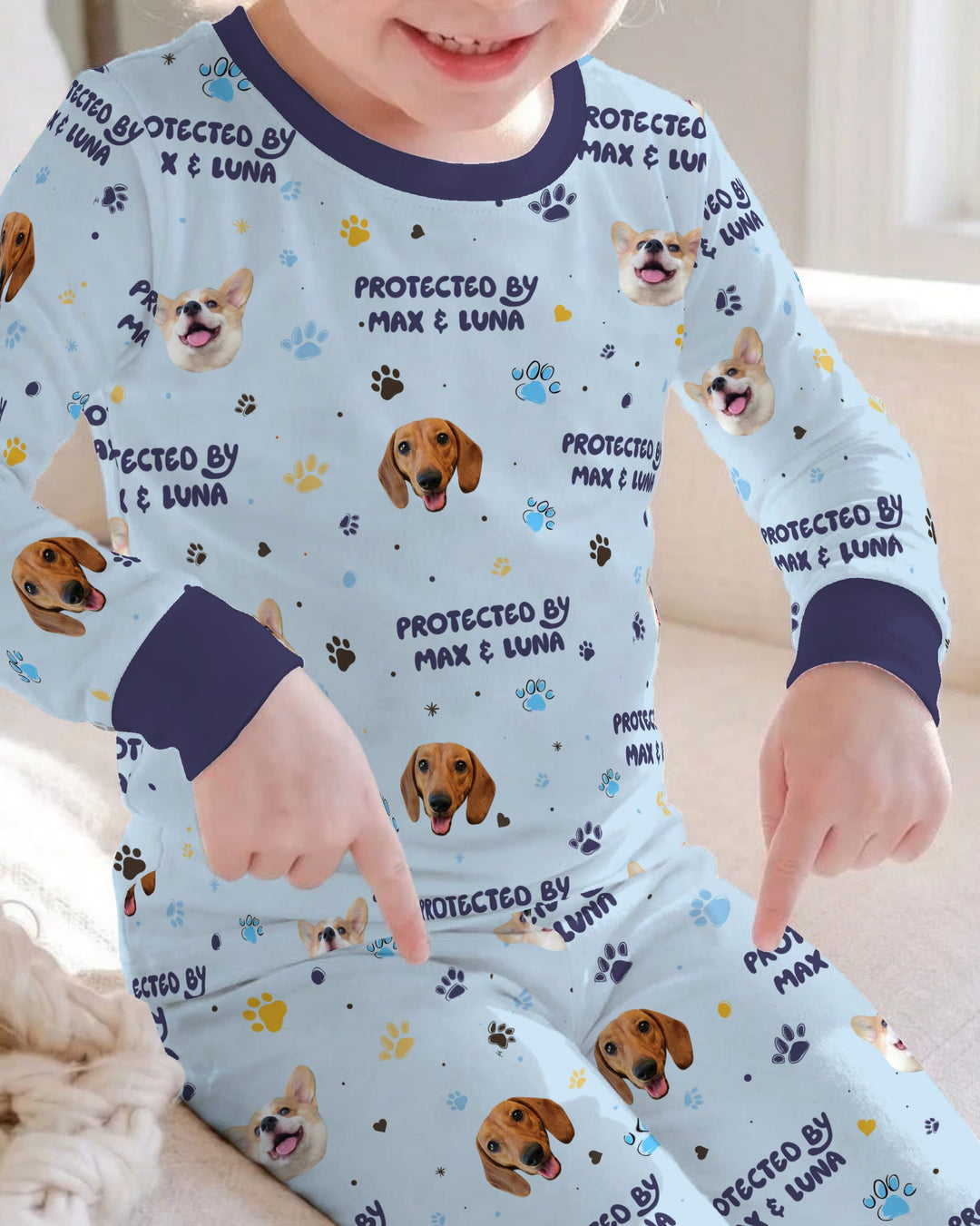Custom Dog Photos "Protected By" Pawfect Blue Bamboo Two Piece Long Sleeve Pajama Set