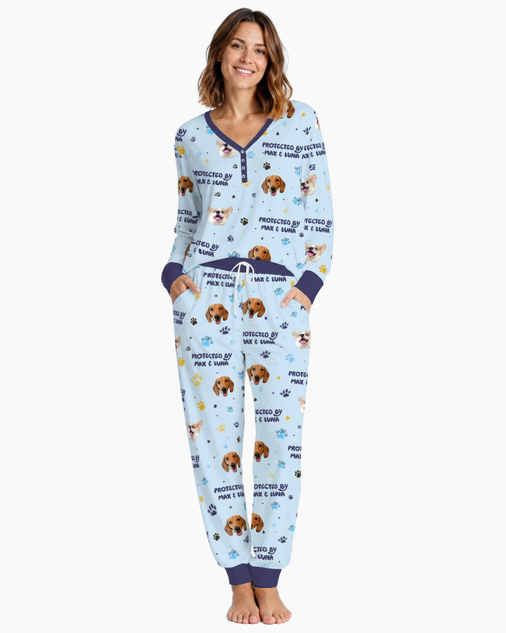 Custom Dog Photos "Protected By" Pawfect Blue Bamboo Women Pajama Set
