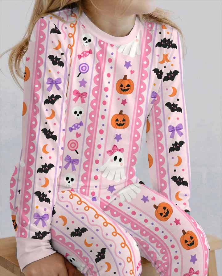 Coquette Ghost Halloween Stripes Bamboo Two Piece Long Sleeve Pajama Set