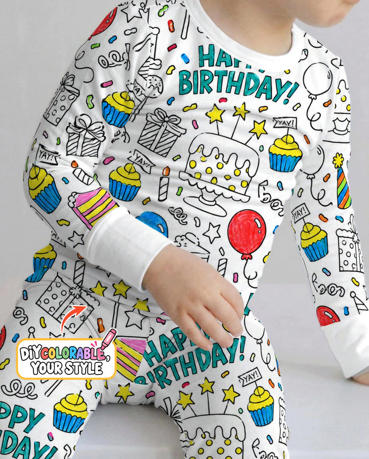 Happy Birthday Celebration Doodles Colorable Bamboo Two Piece Long Sleeve Pajama Set