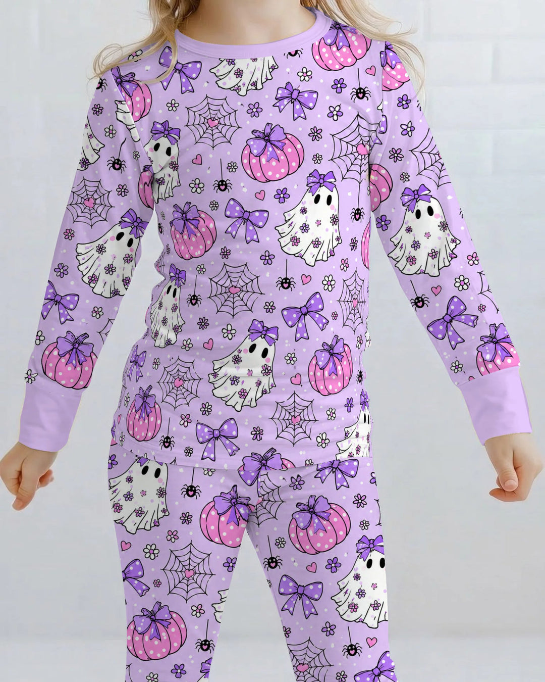 Purple Bow Ghost Halloween Bamboo Two Piece Long Sleeve Pajama Set