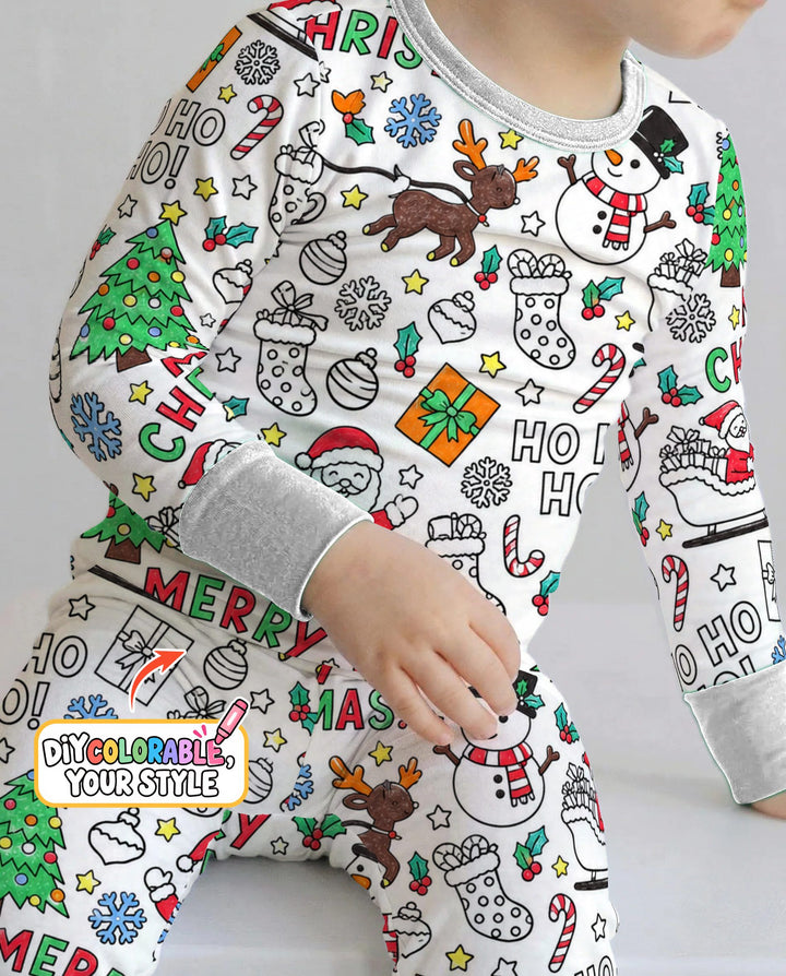 Merry Christmas Doodle Party Colorable Bamboo Two Piece Long Sleeve Pajama Set