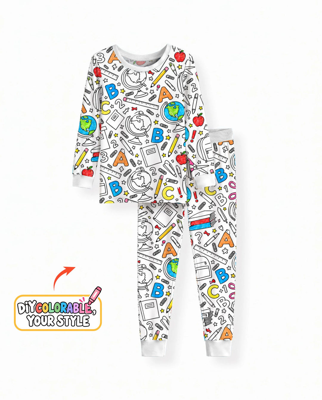 Back to School Doodle Supplies Colorable Bamboo Two Piece Long Sleeve Pajama Set