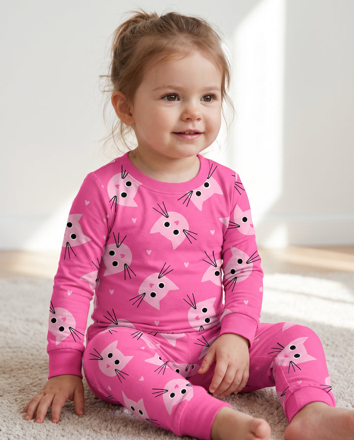 Glow In The Dark Pink Kitty Heart Toss Bamboo Two Piece Long Sleeve Pajama Set