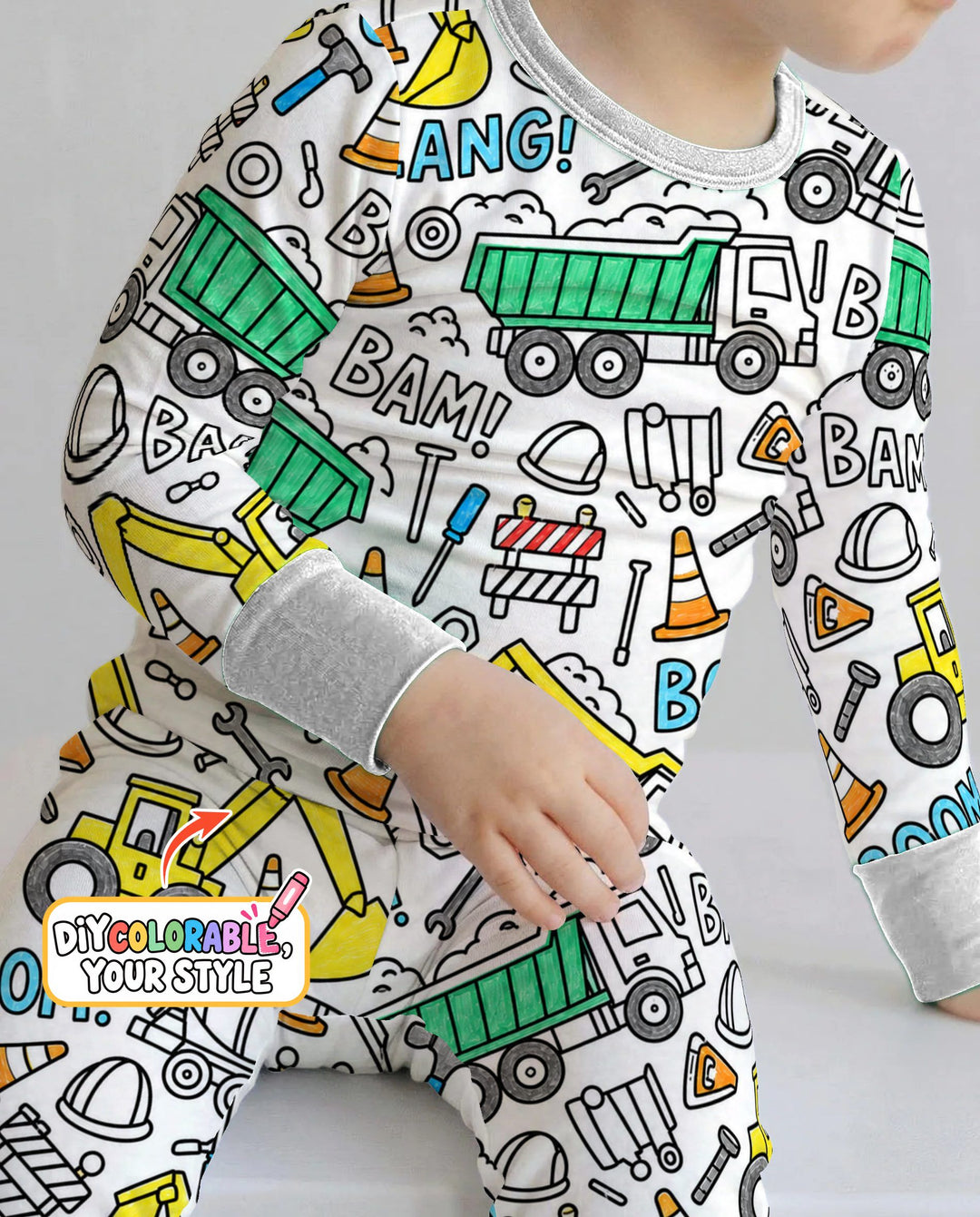 Construction Trucks Doodle Crew Colorable Bamboo Two Piece Long Sleeve Pajama Set