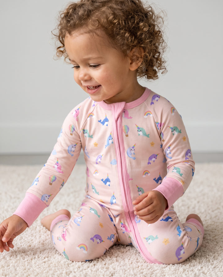 Blush Petal Narwhal Dreams Bamboo Convertible Zipper Romper