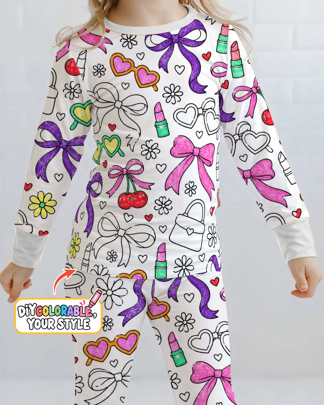 Girly Bows & Cherries Doodles Colorable Bamboo Two Piece Long Sleeve Pajama Set