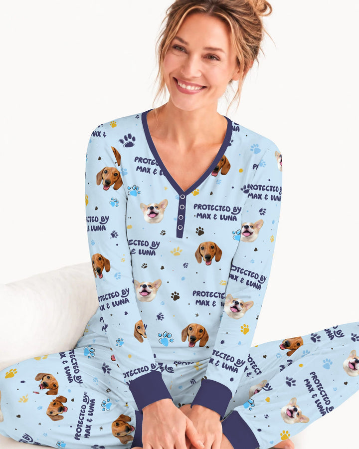 Custom Dog Photos "Protected By" Pawfect Blue Bamboo Women Pajama Set