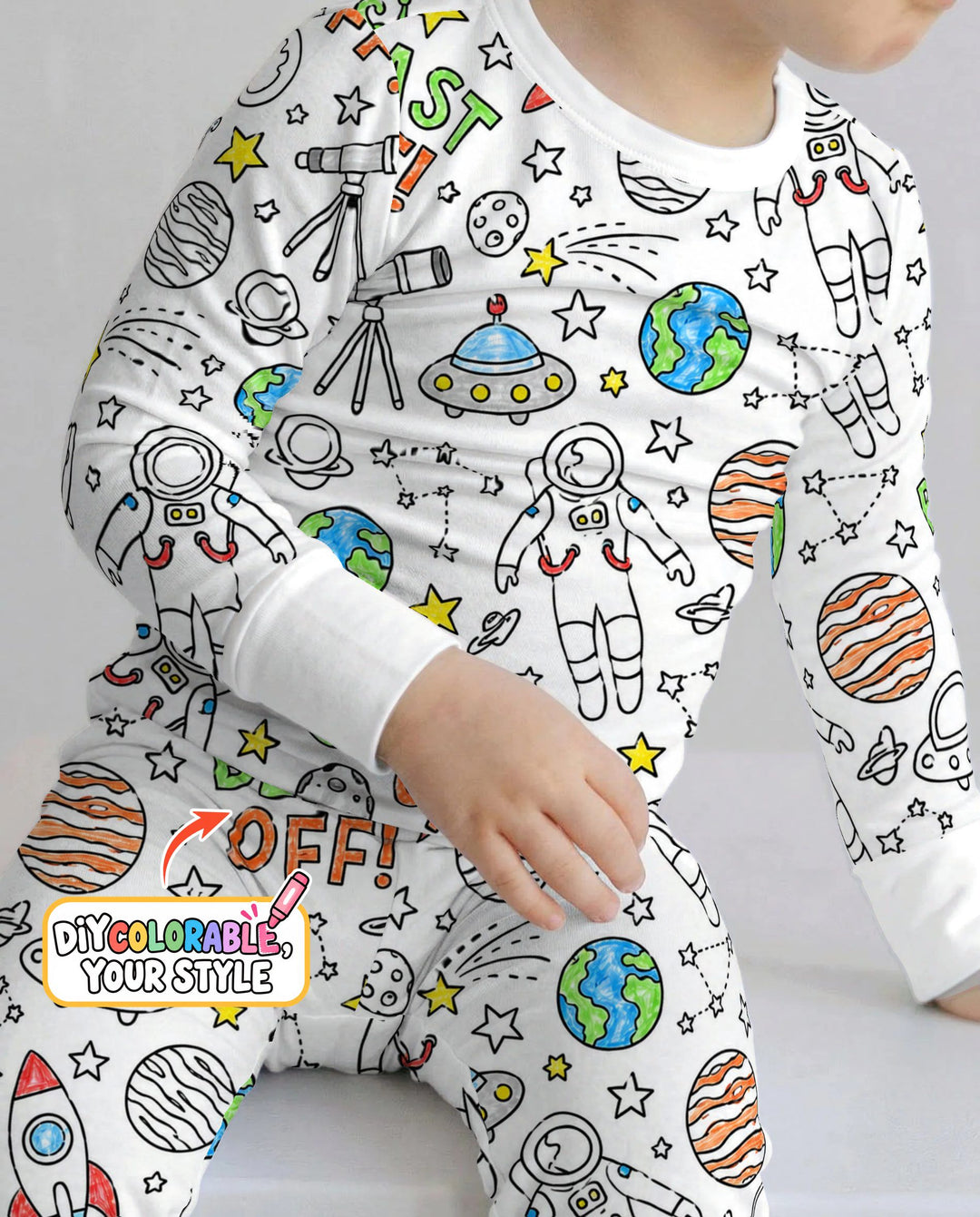 Blast Off Space Adventure Colorable Bamboo Two Piece Long Sleeve Pajama Set