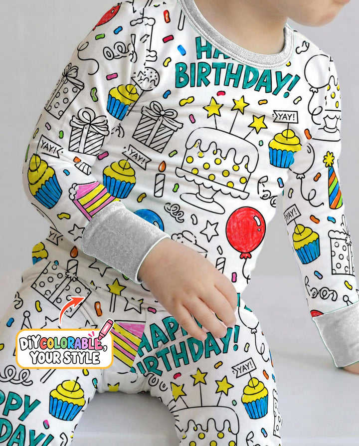 Happy Birthday Celebration Doodles Colorable Bamboo Two Piece Long Sleeve Pajama Set