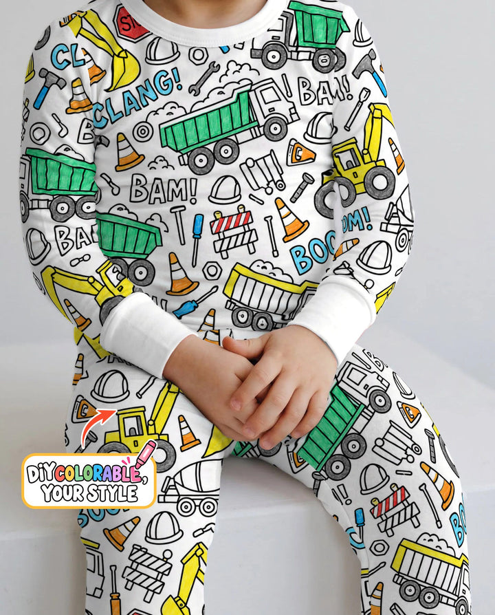 Construction Trucks Doodle Crew Colorable Bamboo Two Piece Long Sleeve Pajama Set