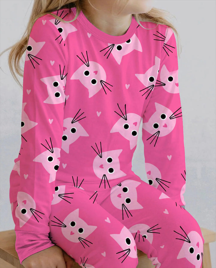 Glow In The Dark Pink Kitty Heart Toss Bamboo Two Piece Long Sleeve Pajama Set