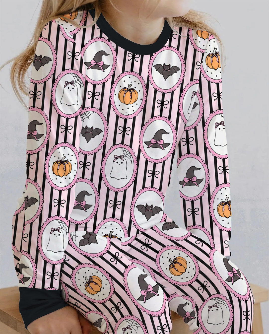 Glow In The Dark Pink Spooky Cameo Stripe Bamboo Two Piece Long Sleeve Pajama Set