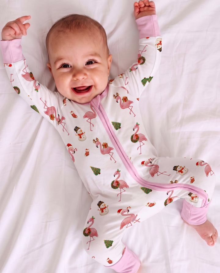 Flamingo Christmas Cheer Bamboo Convertible Zipper Romper