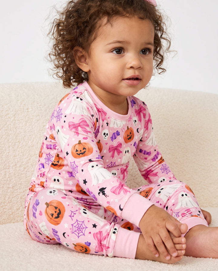 Pink Ghost Candy Halloween Bamboo Two Piece Long Sleeve Pajama Set