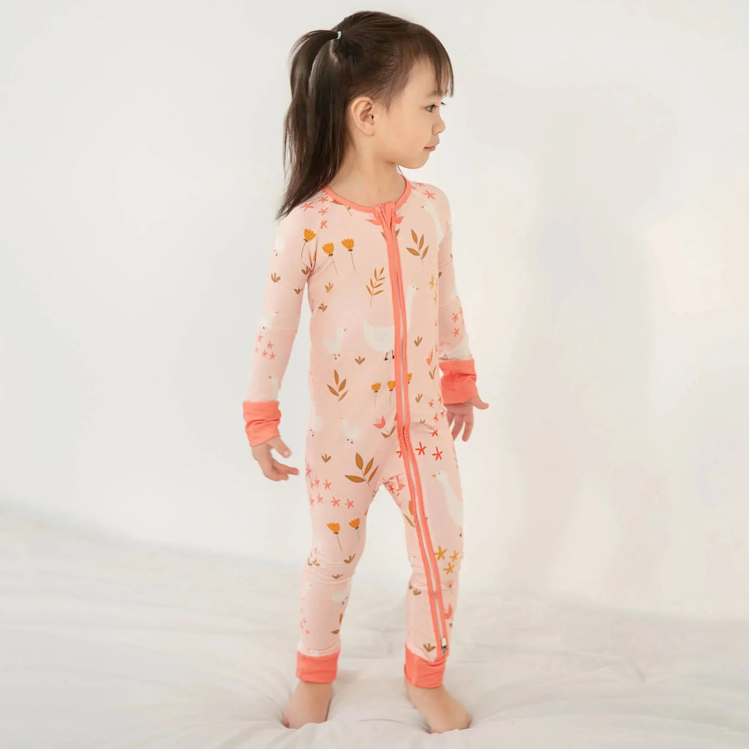 Geese and Flowers Convertible Zippered Romper , Geese and Flowers Convertible Zippered Romper - Newborn