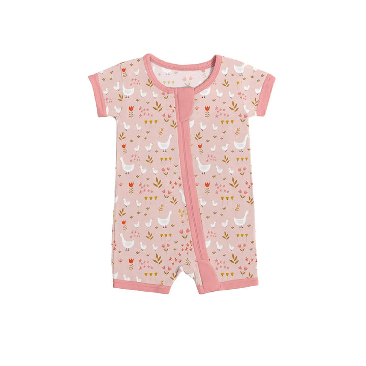 Geese and Flowers Shorty Zippered Romper , Geese and Flowers Shorty Zippered Romper - 0-3M