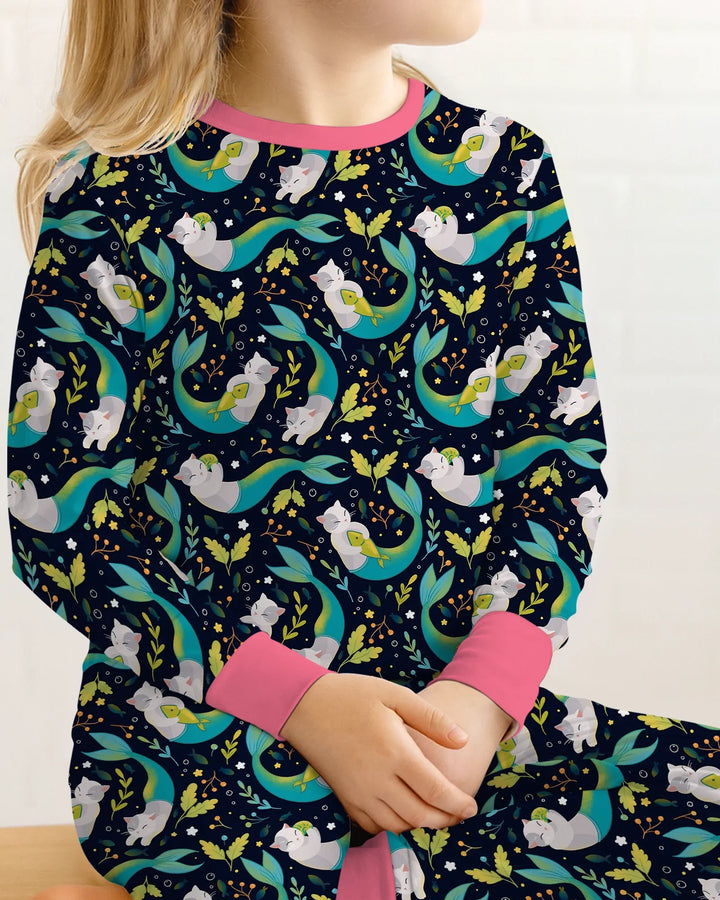 Midnight Mermaid Cats Bamboo Two Piece Long Sleeve Pajama Set