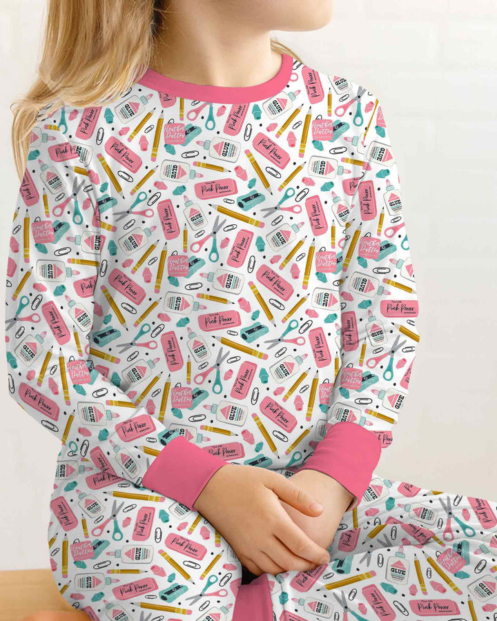 Pink Power School Supplies Bamboo Two Piece Long Sleeve Pajama Set