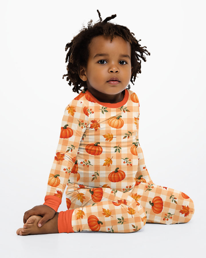 Cute Fall Pumpkin Leaves Gingham Bamboo Two Piece Long Sleeve Pajama Set