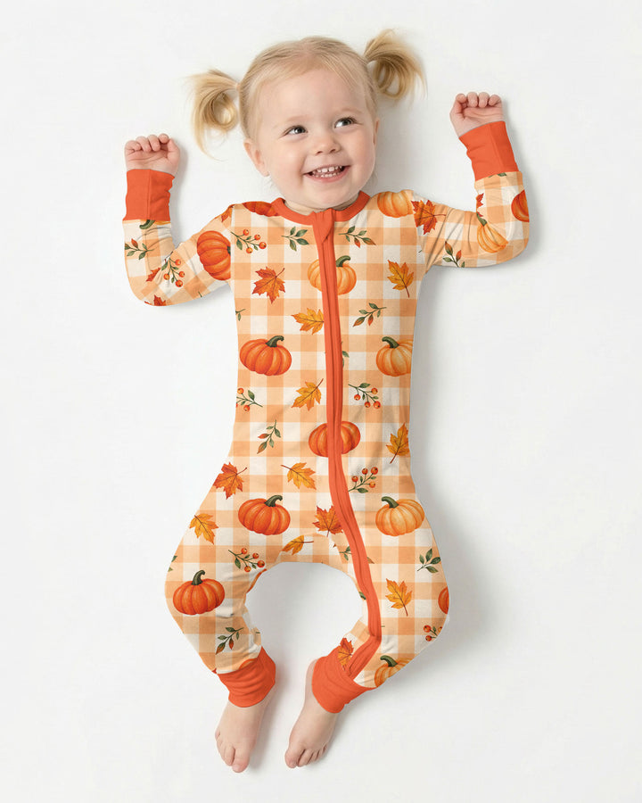 Cute Fall Pumpkin Leaves Gingham Bamboo Convertible Zippy