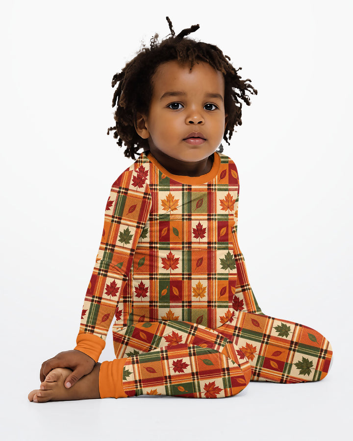 Maple Leaf Fall Vintage Plaid Bamboo Two Piece Long Sleeve Pajama Set