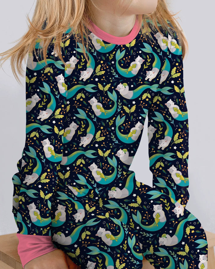 Midnight Mermaid Cats Bamboo Two Piece Long Sleeve Pajama Set