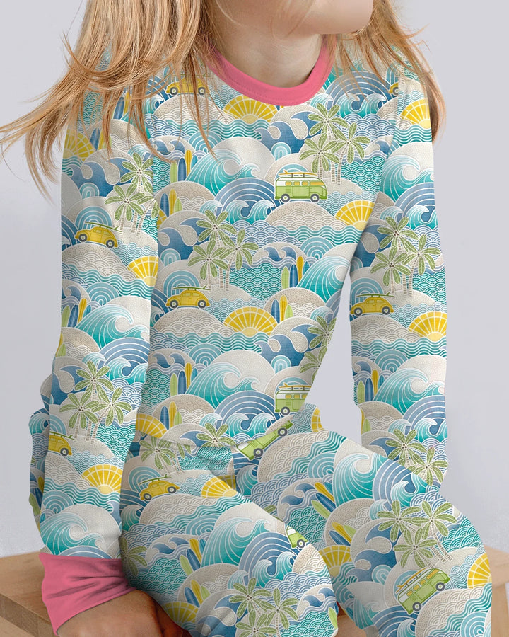 Coastal Road Trip Waves Surf Bamboo Two Piece Long Sleeve Pajama Set