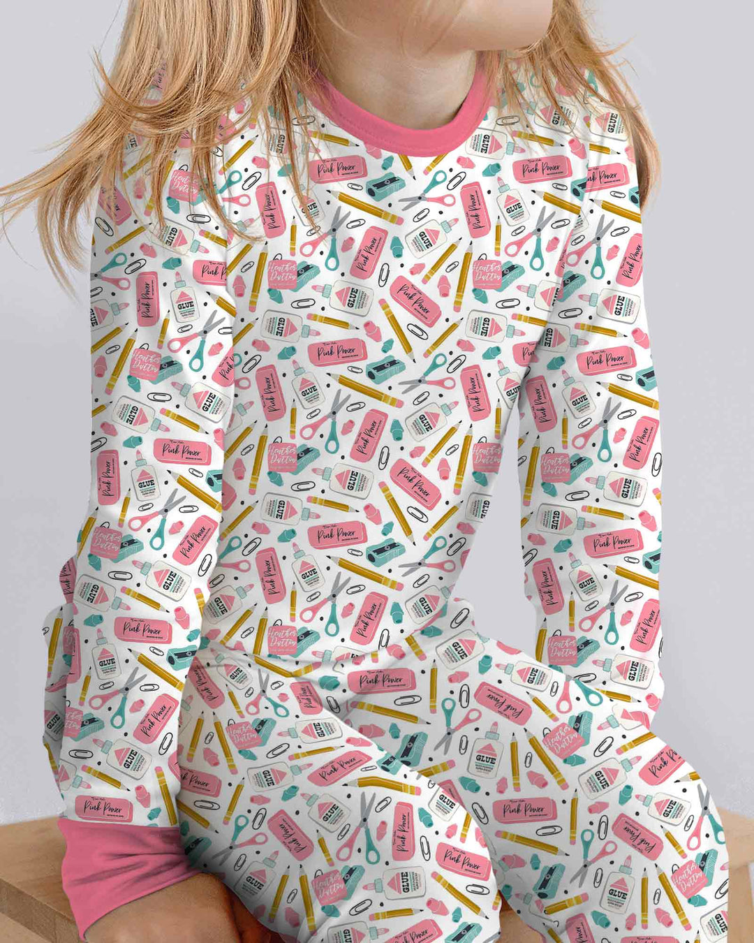 Pink Power School Supplies Bamboo Two Piece Long Sleeve Pajama Set