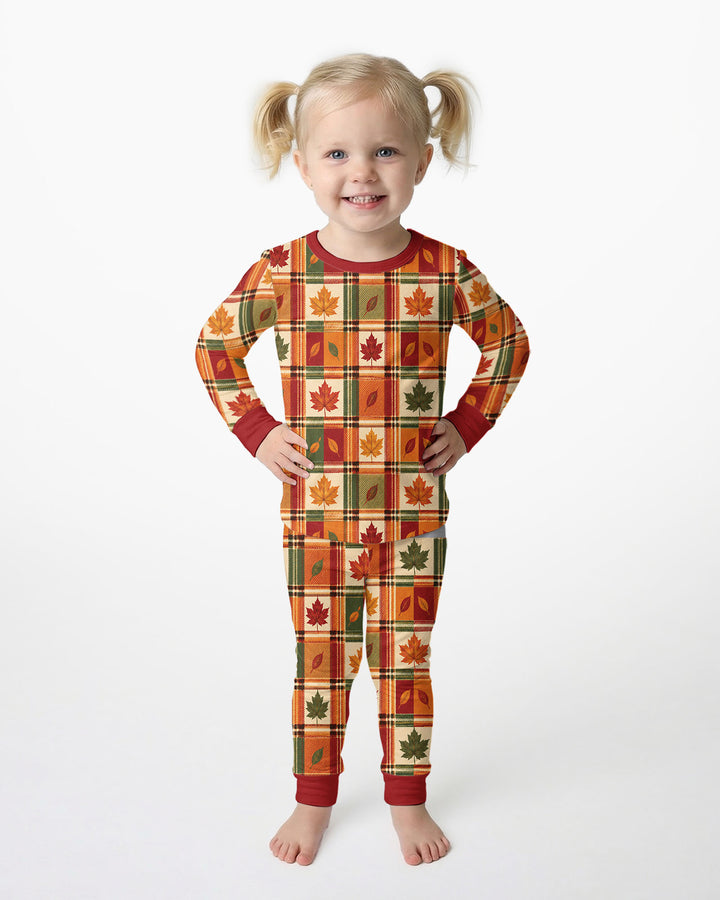 Maple Leaf Fall Vintage Plaid Bamboo Two Piece Long Sleeve Pajama Set