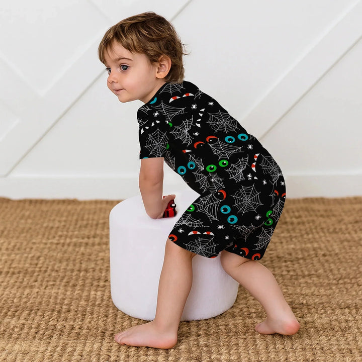 Glow In The Dark Creepy Spiderweb Two Piece Short Sleeve Shorts Pajama Set , Glow In The Dark Creepy Spiderweb Two Piece Short Sleeve Shorts Pajama Set - 12-18M