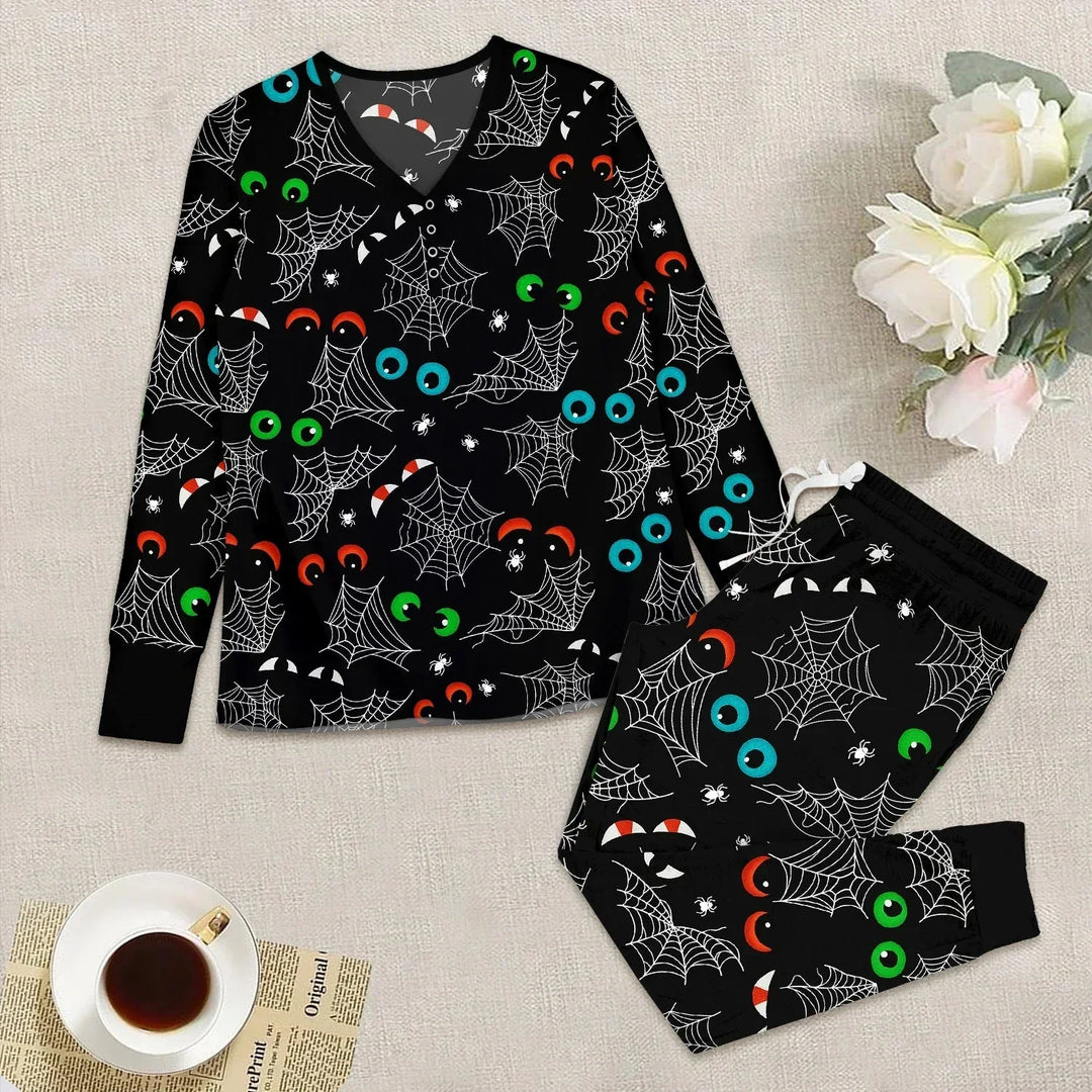 Glow In The Dark Creepy Spiderweb Women Pajama Set , Glow In The Dark Creepy Spiderweb Women Pajama Set - S