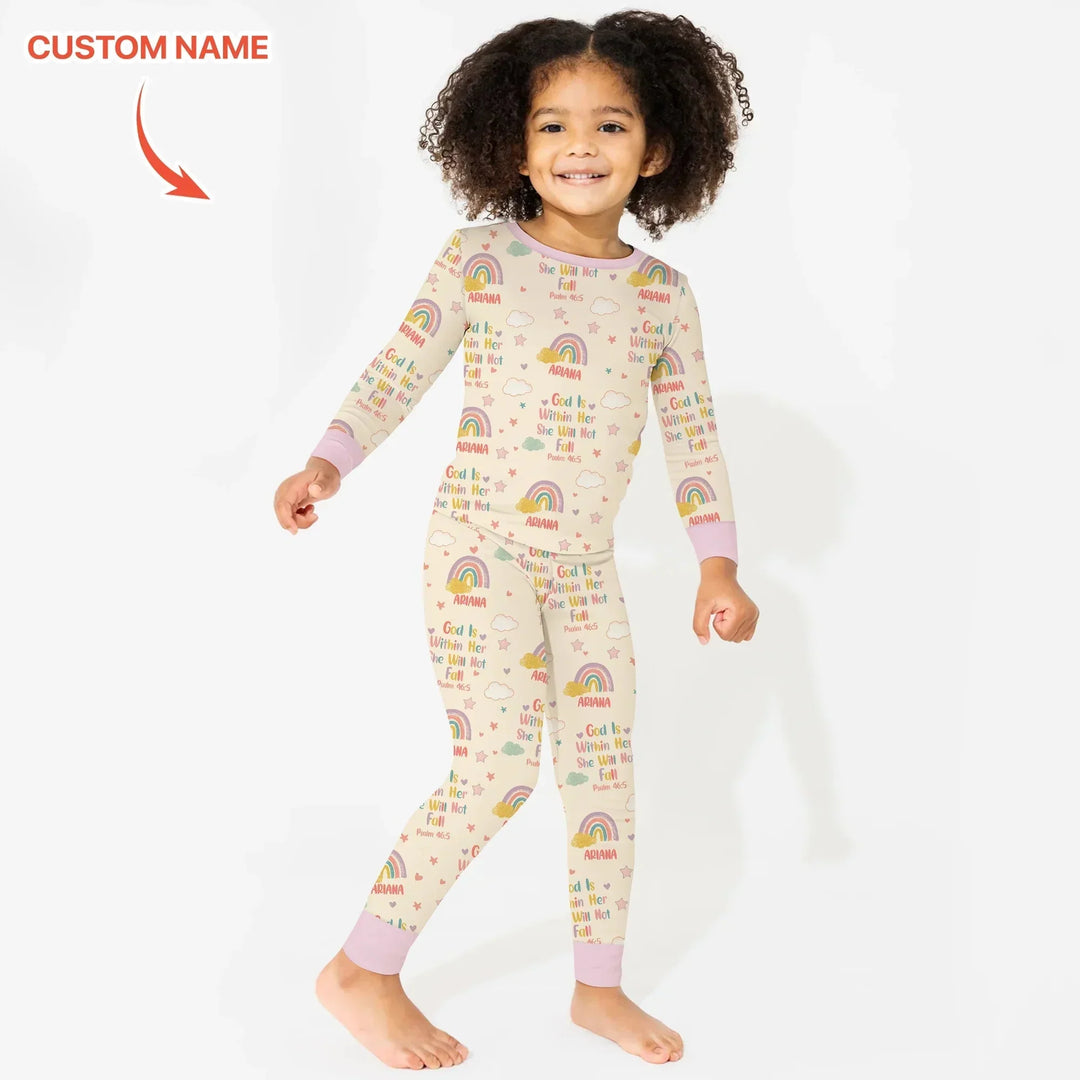 God Is Within Her She Will Not Fall Custom Name Two Piece Long Sleeve Pajama Set , God Is Within Her She Will Not Fall Custom Name Two Piece Long Sleeve Pajama Set - 12-18M