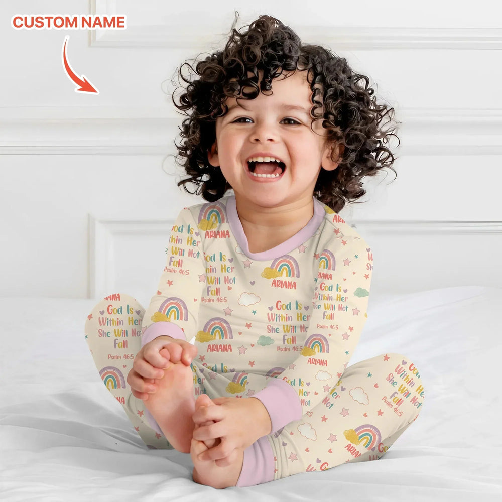 God Is Within Her She Will Not Fall Custom Name Two Piece Long Sleeve Pajama Set , God Is Within Her She Will Not Fall Custom Name Two Piece Long Sleeve Pajama Set - 12-18M