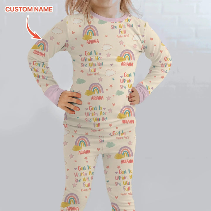 God Is Within Her She Will Not Fall Custom Name Two Piece Long Sleeve Pajama Set , God Is Within Her She Will Not Fall Custom Name Two Piece Long Sleeve Pajama Set - 12-18M