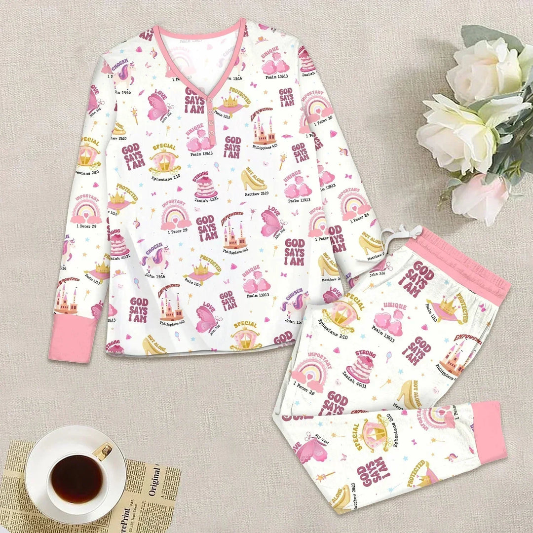 God Say I am Women's Pajama Set , God Say I am Women's Pajama Set - S / White/Pink