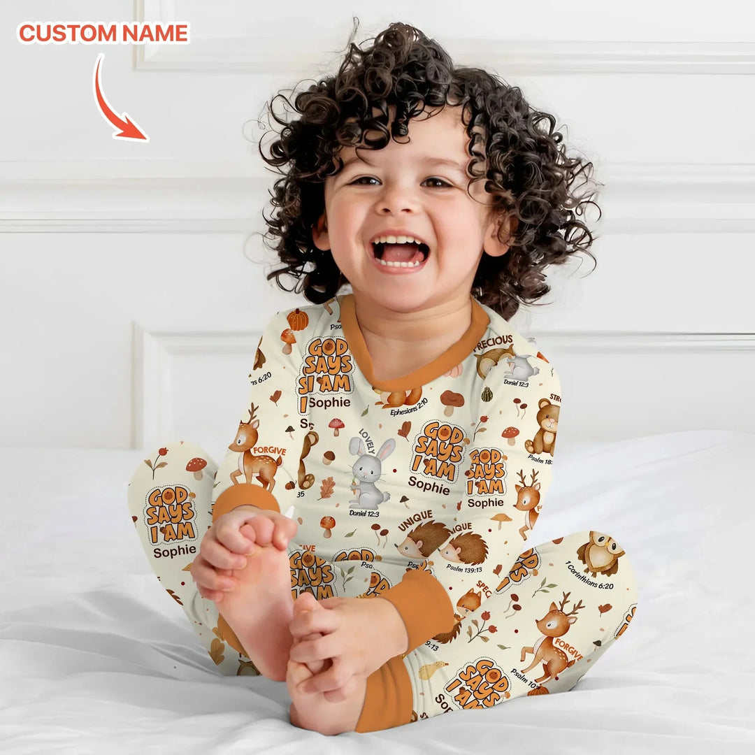 God Says I Am Autumn Faith Custom Name Two Piece Long Sleeve Pajama Set , God Says I Am Autumn Faith Custom Name Two Piece Long Sleeve Pajama Set - 12-18M