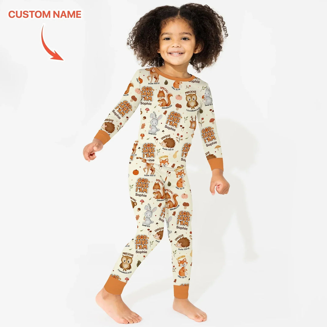 God Says I Am Autumn Faith Custom Name Two Piece Long Sleeve Pajama Set , God Says I Am Autumn Faith Custom Name Two Piece Long Sleeve Pajama Set - 12-18M