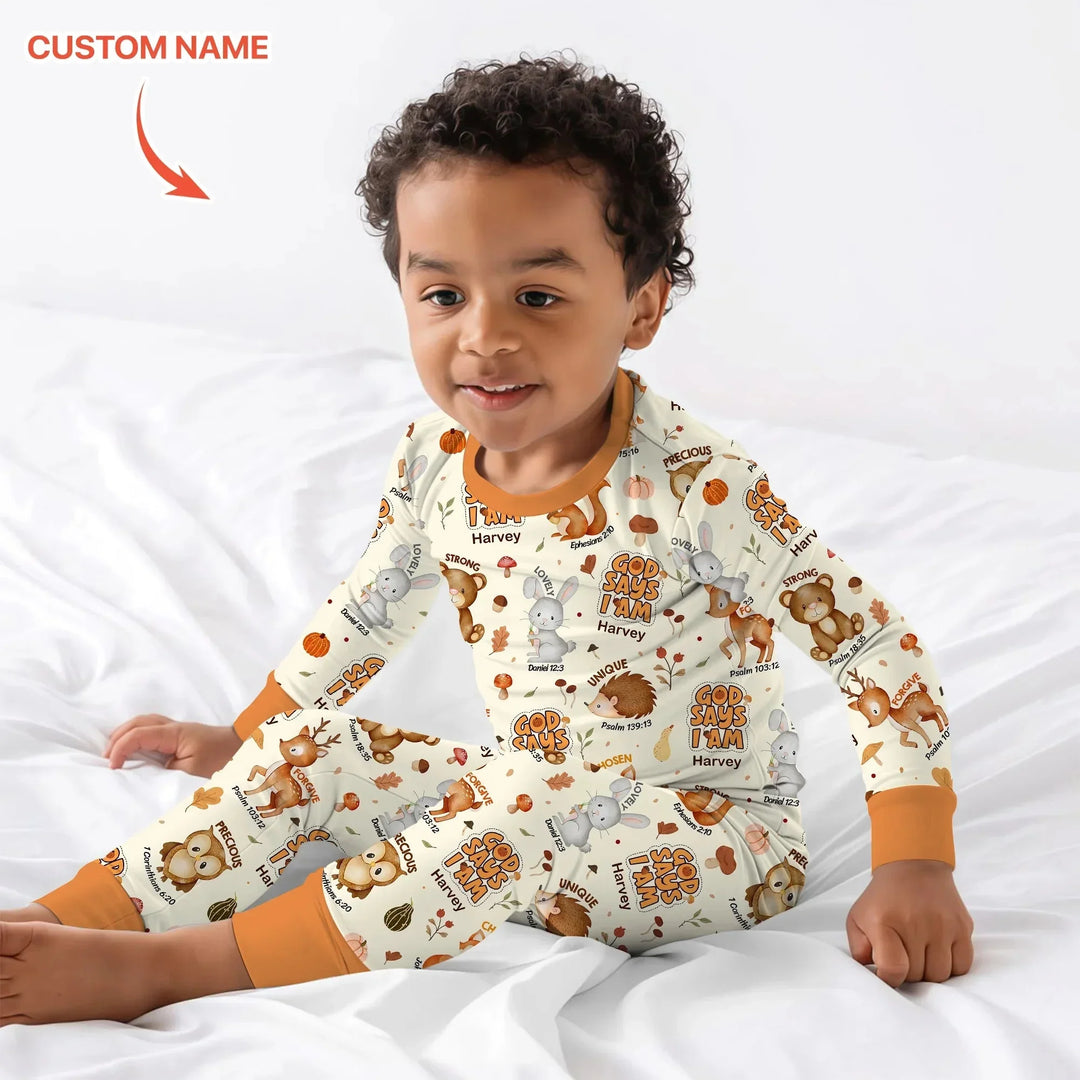 God Says I Am Autumn Faith Custom Name Two Piece Long Sleeve Pajama Set , God Says I Am Autumn Faith Custom Name Two Piece Long Sleeve Pajama Set - 12-18M