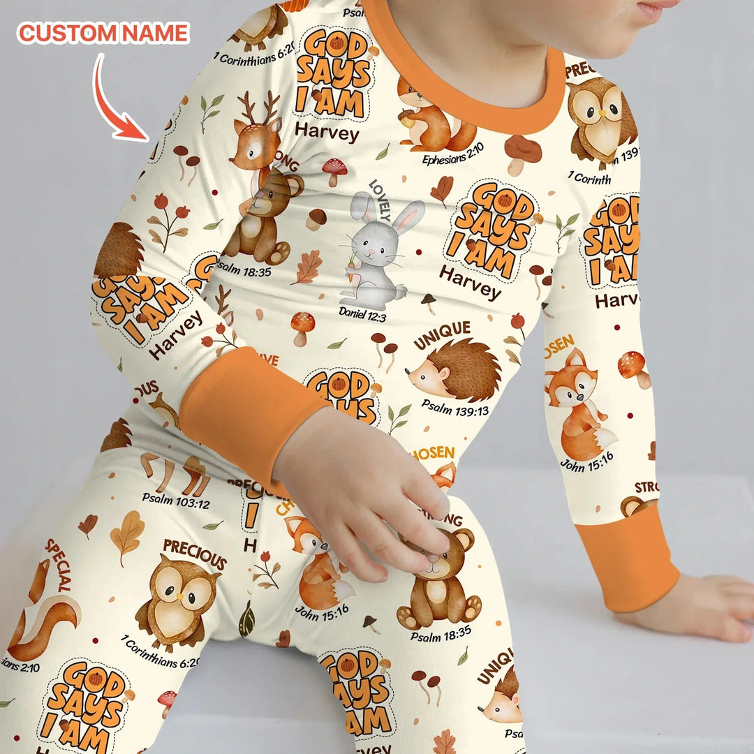 God Says I Am Autumn Faith Custom Name Two Piece Long Sleeve Pajama Set , God Says I Am Autumn Faith Custom Name Two Piece Long Sleeve Pajama Set - 12-18M