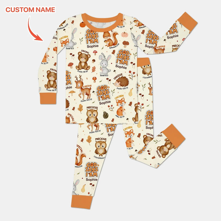 God Says I Am Autumn Faith Custom Name Two Piece Long Sleeve Pajama Set , God Says I Am Autumn Faith Custom Name Two Piece Long Sleeve Pajama Set - 12-18M