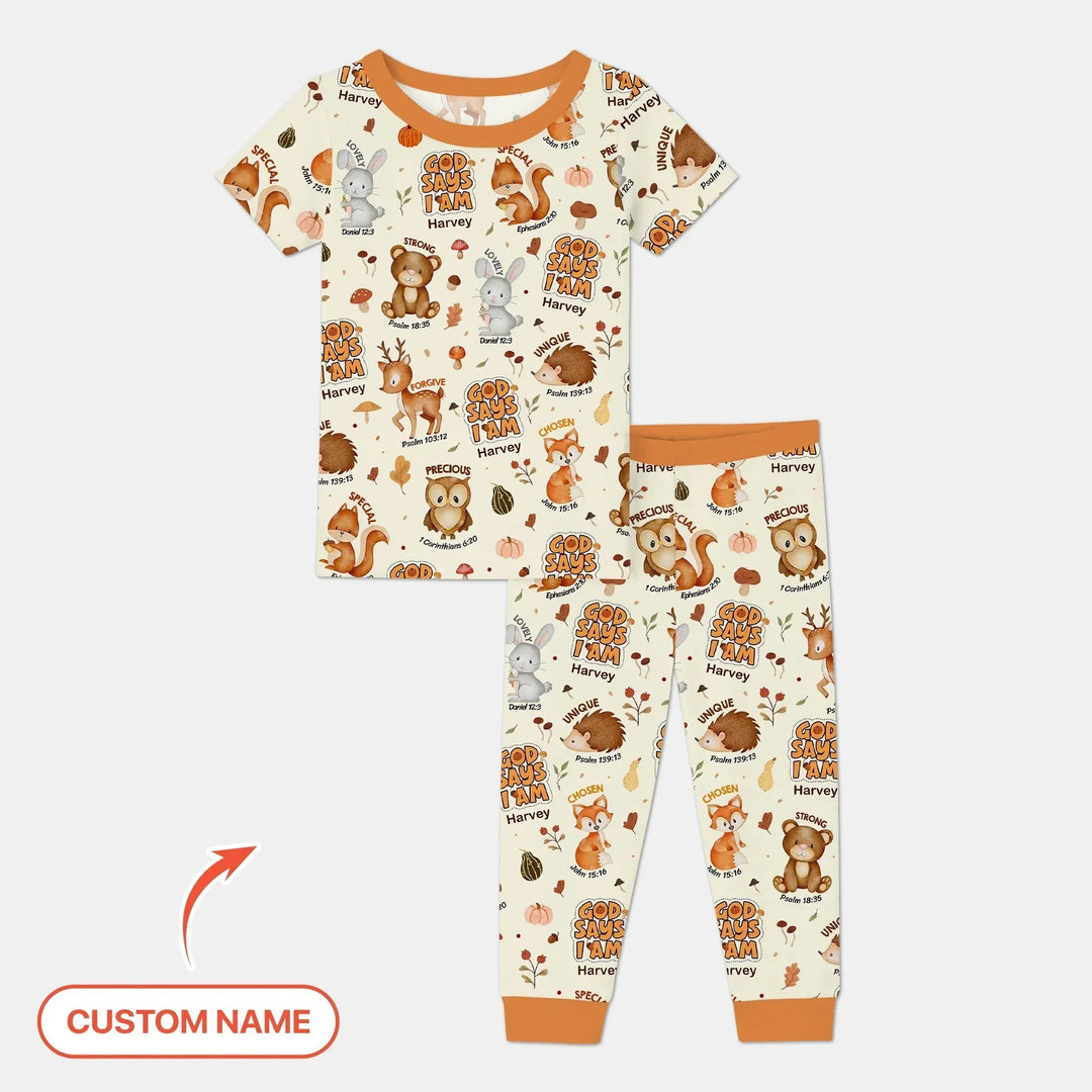God Says I Am Autumn Faith Custom Name Two Piece Short Sleeve Pajama Set , God Says I Am Autumn Faith Custom Name Two Piece Short Sleeve Pajama Set - 12-18M