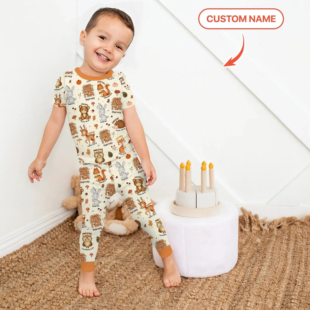 God Says I Am Autumn Faith Custom Name Two Piece Short Sleeve Pajama Set , God Says I Am Autumn Faith Custom Name Two Piece Short Sleeve Pajama Set - 12-18M