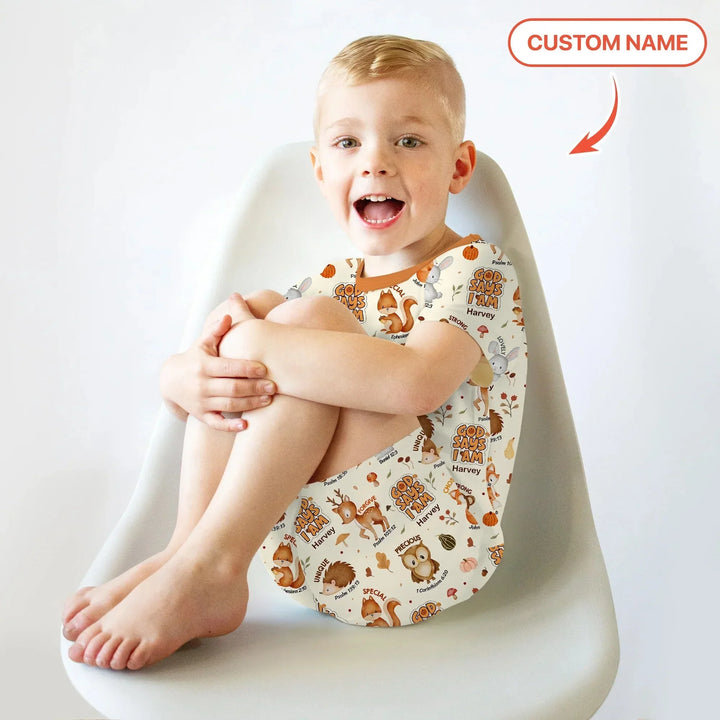 God Says I Am Autumn Faith Custom Name Two Piece Short Sleeve Shorts Pajama Set , God Says I Am Autumn Faith Custom Name Two Piece Short Sleeve Shorts Pajama Set - 12-18M