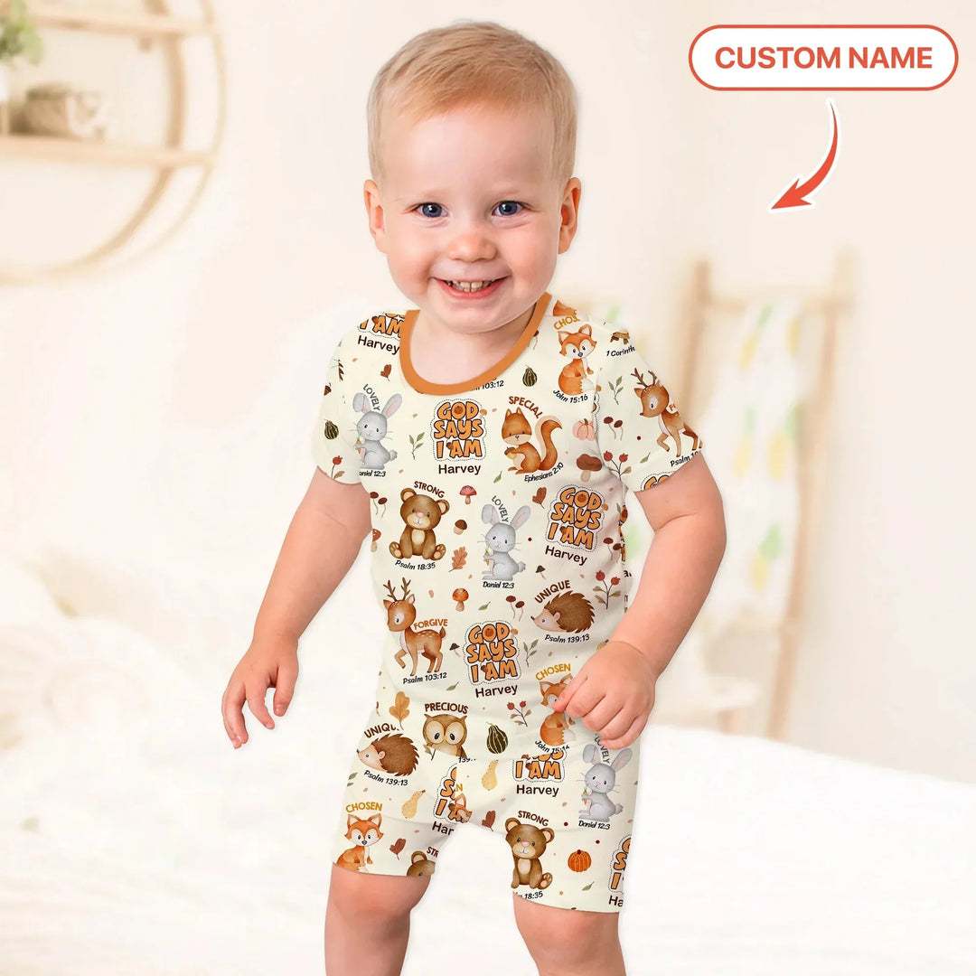God Says I Am Autumn Faith Custom Name Two Piece Short Sleeve Shorts Pajama Set , God Says I Am Autumn Faith Custom Name Two Piece Short Sleeve Shorts Pajama Set - 12-18M